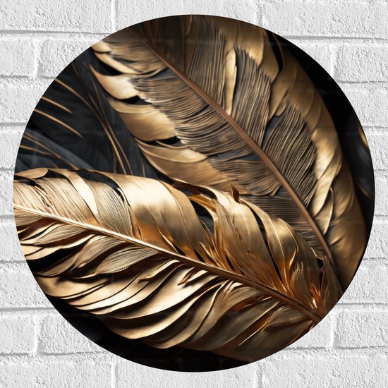 Muursticker Cirkel - Zwarte en Gouden Palmbladeren - 60x60 cm Foto op Muursticker
