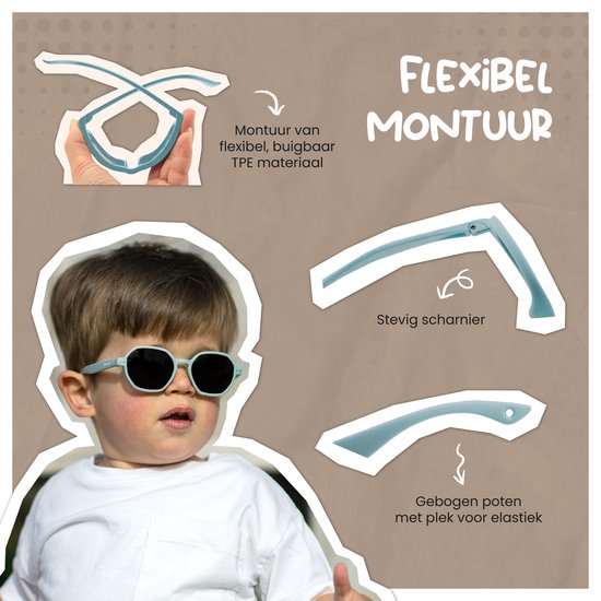 Maesy - baby zonnebril Yana - 1-3 jaar - flexibel buigbaar - verstelbaar elastiek - gepolariseerde UV400 bescherming- dreumes en peuter - jongens en meisjes - kinder zonnebril hexagon - terracotta brique van Maesy — afbeelding 3