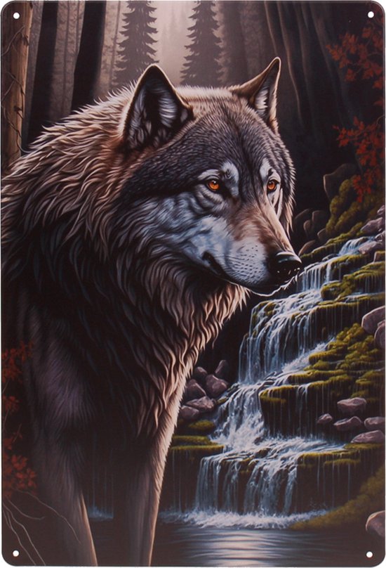 Metalen Plaatje - Wolf met Waterval - 20x30cm,