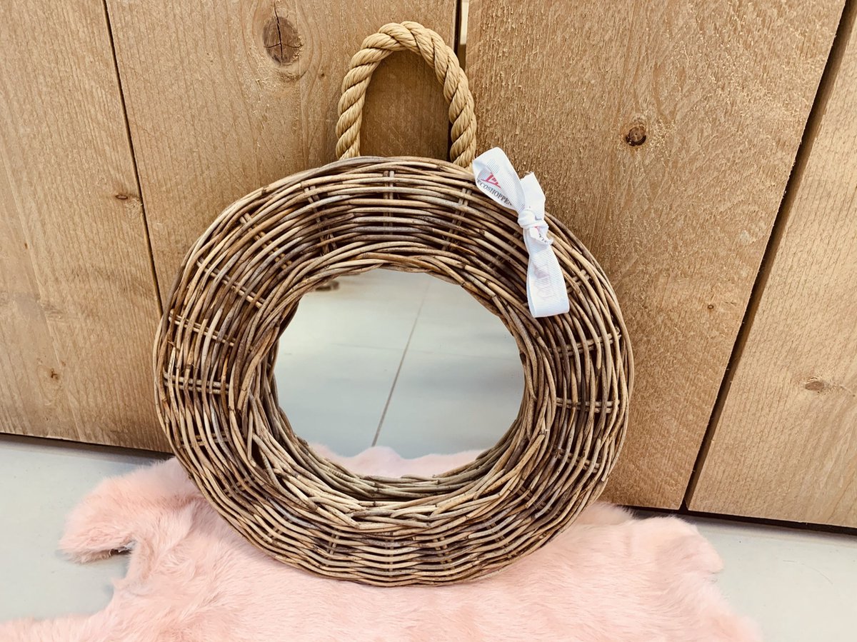 Decoshoppen.nl Rieten Spiegel Rond - Ø28 cm - Srimit Grey Riet - Wandspiegel met Touw - Landelijke Stijl - Decoshoppen.nl Natuurtint