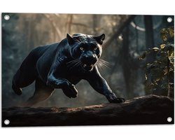Tuinposter – Zwarte panter rent door bos heen - 75x50 cm Foto op Tuinposter (wanddecoratie voor buiten en binnen)