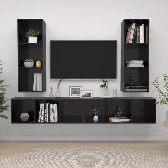 The Living Store Televisiewandmeubelset - Hoogglans zwart - Spaanplaat - 107 cm - 4 x tv-meubel