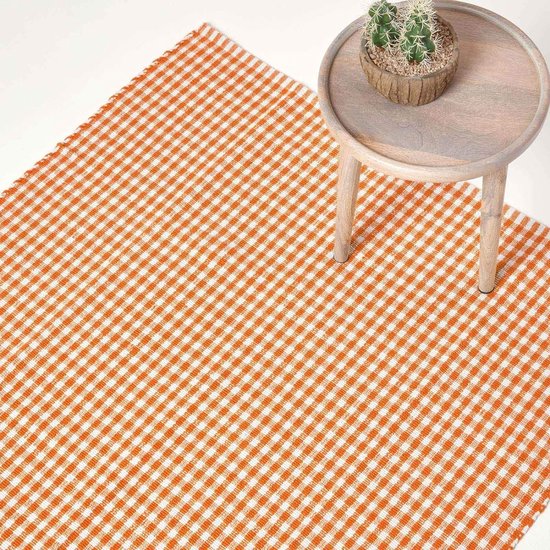 Vloerkleed met gingham-ruit, 110 x 170 cm, wasbaar katoenen vloerkleed met ruitpatroon in landelijke stijl, 100% katoen, oranje
