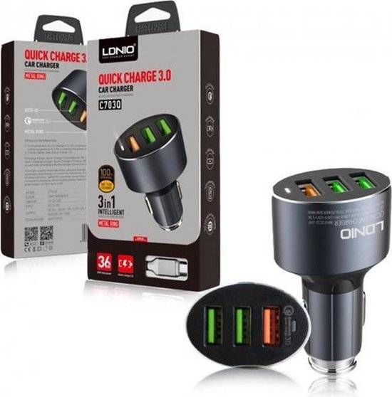 C703Q Universeel Autolader 30W voor Sigarettenaansteker met 3 poorten en Micro USB kabel | Carcharger Car charger | Fastcharger Fastcharging Snellader Quickcahrge | Geschikt voor Apple | Samsung | Huawei | Oppo | Xiaomi en overige