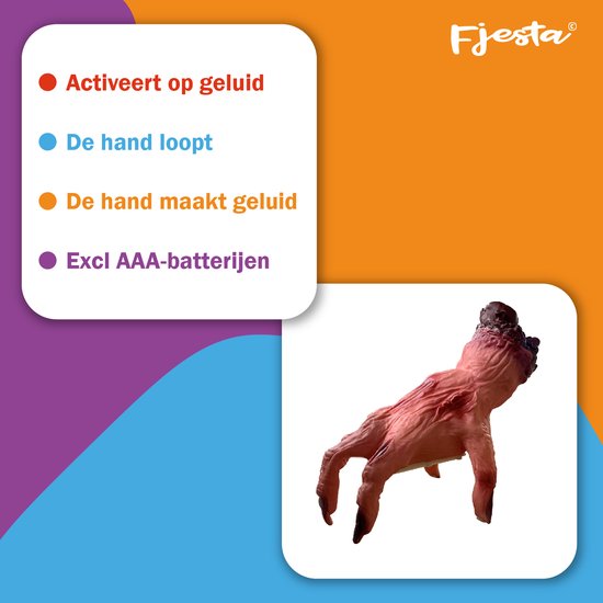 Een gruwelijke, levensechte hand met bloederige details en donkere nagels. Actieveert op geluid en loopt, de hand maakt geluid. Excl. AAA-batterijen.