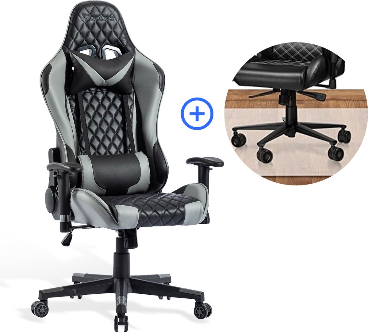 Gamestoel - Bureaustoel - Gaming Chair - Nek - en Rugkussen - Verstelbare Zithoogte - Kantoor/Thuis /Gaming - Zwart/Grijs - Met bureaustoel vloermat