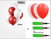1000x Luxe Ballon rood/wit 30cm + 3x dubbel actie pomp - biologisch afbreekbaar - Carnaval Festival feest party verjaardag Sinterklaas landen helium lucht thema