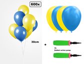600x Luxe Ballon blauw/geel 30cm + 2x dubbel actie pomp - biologisch afbreekbaar - Carnaval Festival feest party verjaardag landen helium lucht thema