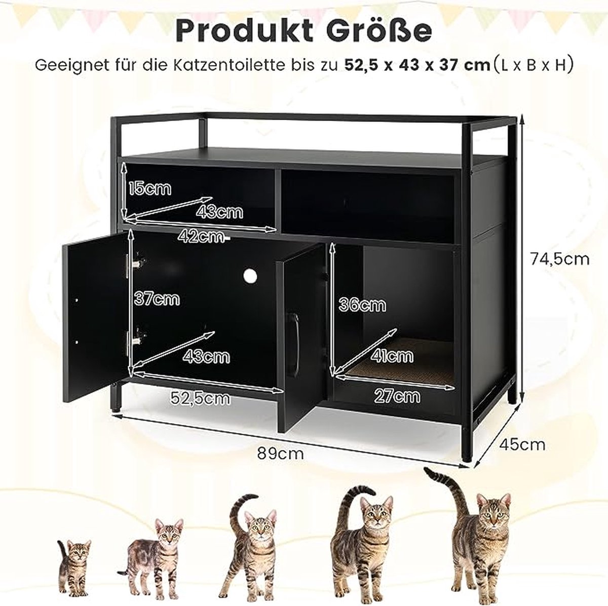 GOPLUS Kattenkast van hout, kattenbak met dubbele deuren, 2 vakken en krabpad, kattenbakkast voor binnenkatten, hondenhuisdieren, 90 x 50 x 70 cm, bruin zwart