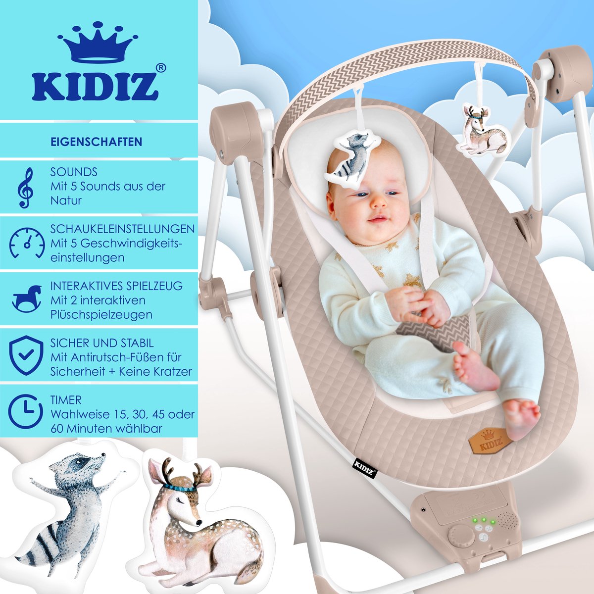 KIDIZ Wipstoel Baby Elektrisch Babyschommel tot max 9kg - Beige thumbnail 2