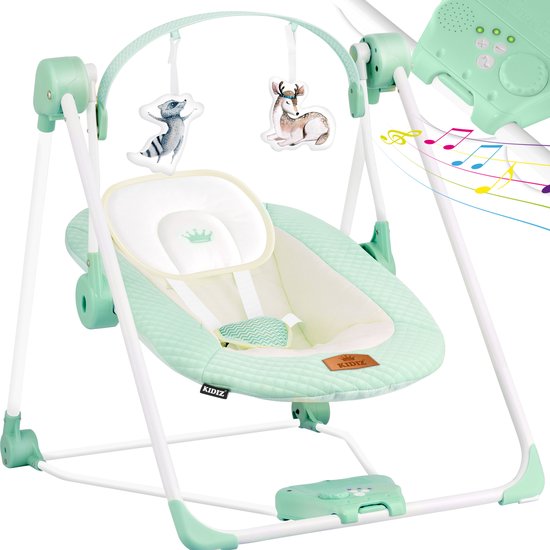 KIDIZ® Wipstoel Baby Elektrisch Babyschommel tot max 9kg - Schommelstoel voor Baby Swing met Speelboog en 5 schommelsnelheden - Mintgroen