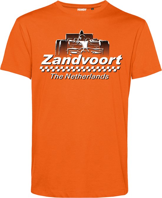 Oranje T-shirt met opdruk van een raceauto, 'Zandvoort The Netherlands' en een geblokte vlag.
