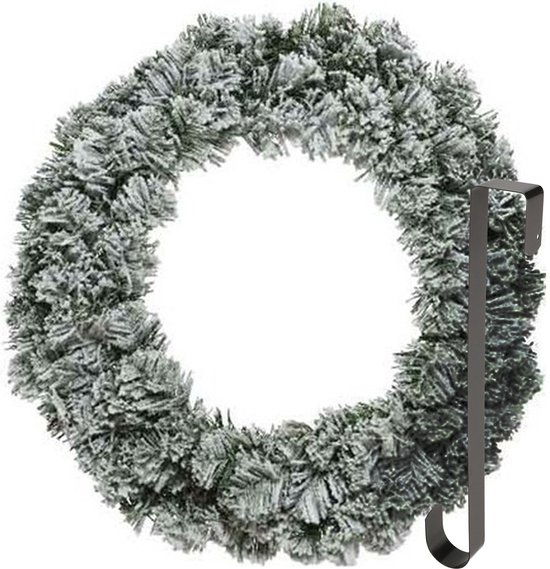 Couronne de Noël 60 cm - vert - enneigé - avec cintre/crochet de suspension noir - Décorations de Noël