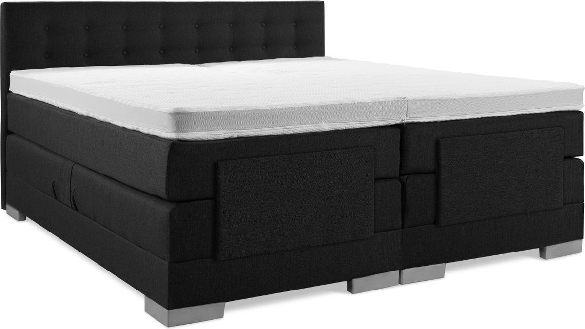 Elektrische Boxspring - 140x210 - Incl. Geknoopt hoofdbord - Gitzwart met plint
