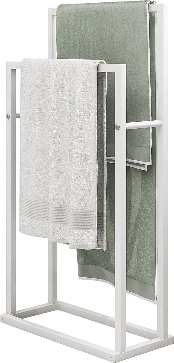2 Tier Wit Vrijstaande Handdoekhouder Chrome Handdoekenrek Stand, Anti-roest coating Metalen Ladder Handdoekhouder voor Badkamer Accessoires Organizer voor Badopslag & Handdoeken, Washandjes