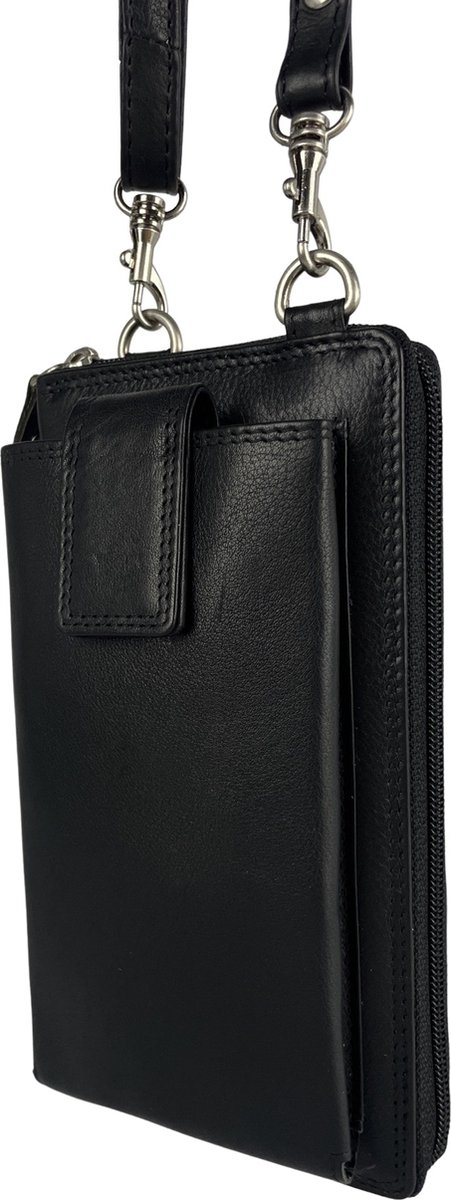 Crossbody Tas Dames - Zwart Leer – Telefoon Houder – Portemonnee Heren – Telefoontasje - Leer