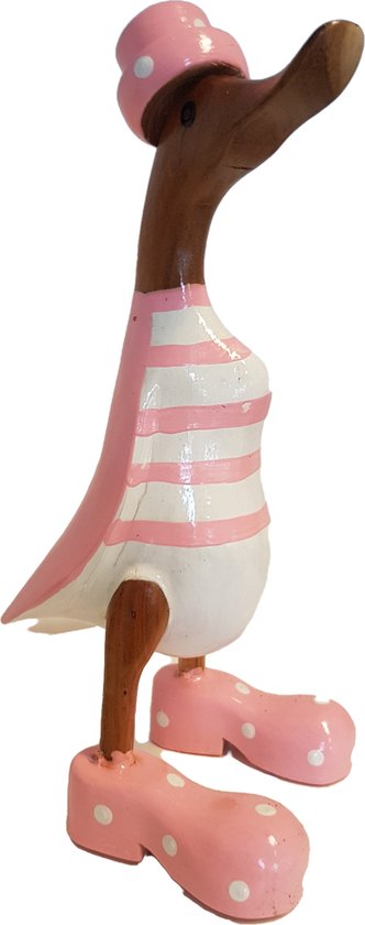 CMJ - Handgemaakte Decoratie Eend - Roze gestreept met Roze hoed - Bamboehout - Klein