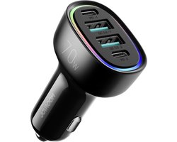 Joyroom 4 in 1 - Autolader met USB C en USB A - Snellader - 70W - RGB - Zwart