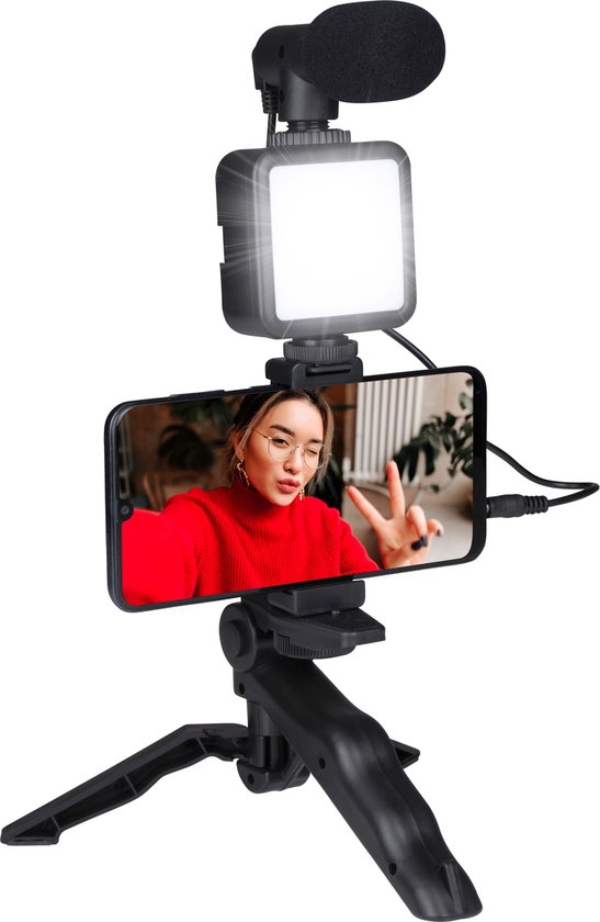 Grundig Telefoon Statief met Lamp - Telefoon Tripod met Microfoon - LED's met 3 Kleurinstellingen - Telefoons 53 tot 84MM - Tafelmodel en Selfiestick - Kunststof - Zwart