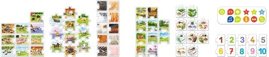 Veel puzzelstukken met boerderijdieren, wilde dieren, patronen van vachten en landschappen. tiptoi® pen en cijfers 1-10.