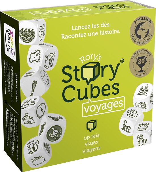 Rory's Story Cubes Voyages, met afbeeldingen van dobbelstenen met o.a. een tent, olifant en schip.