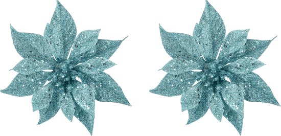 2x stuks decoratie bloemen kerststerren ijsblauw glitter op clip 18 cm - Decoratiebloemen/kerstboomversiering
