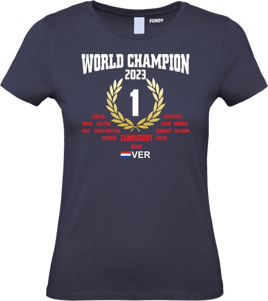 Dames T-shirt GP Won & World Champion 2023 | Formule 1 fan | Max Verstappen / Red Bull racing supporter | Wereldkampioen | Navy dames | maat M