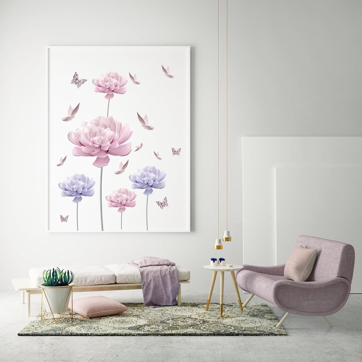 Muursticker salon fleurs papillons rose sticker mural plantes déco papier  peint grand