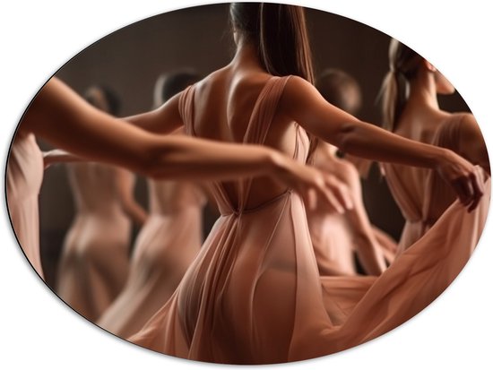 Dibond Ovaal - Elegante Vrouwen in Jurken aan het Dansen - 80x60 cm Foto op Ovaal (Met Ophangsysteem)