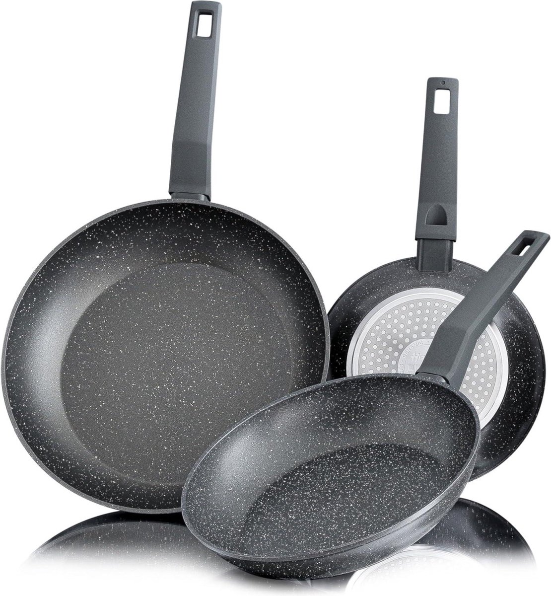 Set van 3-delig Hakal koekenpannen stenen coating - Grijs -Inductie - Ø 20, 24 & 28 cm - Soft-Touch Handgrepen - Anti-Aanbaklaag
