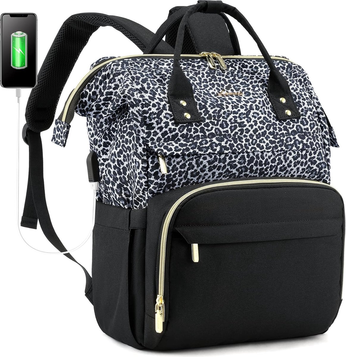 Laptoptas 15.6 inch - Zwart/leopard print - USB-oplaadpoort - 42 x 30,5 x 19 - Voor werk, school, reizen