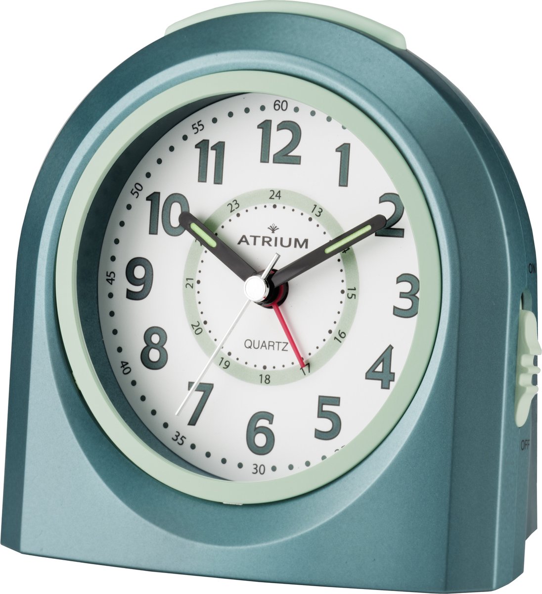 ATRIUM - Wekker - Kinderen - Meisjes - Jongens - Analoog - Zonder Tikgeluid - LED-licht - Licht/ Wijzerplaatverlichting - Glow-in-the-dark wijzers - Turquoise - Opbouwend Geluidsniveau - Grote Drukknoppen - Snooze - Slaapkamer - Klok - A921-35