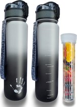 Gourde, Tritan Bottle - 1 litre - sans BPA - gourde pour le sport, le fitness, le cyclisme, le outdoor et l'université - légère, incassable, durable + soft-touch + porte-fruits (noir et blanc)