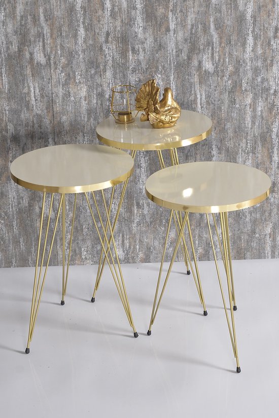 Bijzettafel - Gouden Crème Patroon - Bijzettafels - Salontafelset - Set van 3 - Luxe Design - Bijzettafel - Salontafel in de woonkamer - 34X34 cm