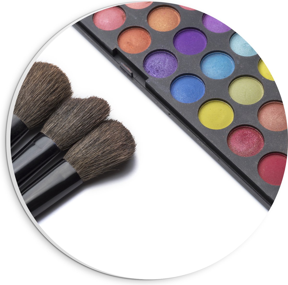 PVC Schuimplaat Muurcirkel - Foto van Oogschaduw Kwasten met Kleurrijk Palette - 20x20 cm Foto op Muurcirkel (met ophangsysteem)