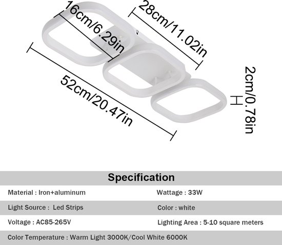 LuxiLamps - Plafonnier Moderne à 3 Head - Lustre - Plafonnier - 52 cm - Wit - Plafonnier