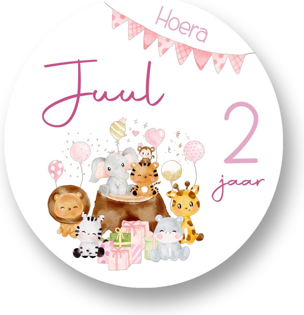 20x Jungle Roze Stickers Met Naam Leeftijd - Verjaardag Jungle Pink - Dieren - Jungle - Safari - Gepersonaliseerd - Sluitstickers - Kinderfeest Traktatie - Uitdelen - Uitdeeltraktatie - Wensetiket - Rond - 40mm - Glossy sticker