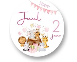 20x Jungle Roze Stickers Met Naam Leeftijd - Verjaardag Jungle Pink - Dieren - Jungle - Safari - Gepersonaliseerd - Sluitstickers - Kinderfeest Traktatie - Uitdelen - Uitdeeltraktatie - Wensetiket - Rond - 40mm - Glossy sticker