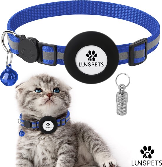Lunspets Kattenhalsband Airtag met Adreskoker kat & Veiligheidssluiting - Katten Halsband - Halsband kat & kitten - Kattenbandje met belletje - Reflecterend - Blauw - Airtag Houder & Adreskoker - Voor grote & kleine katten
