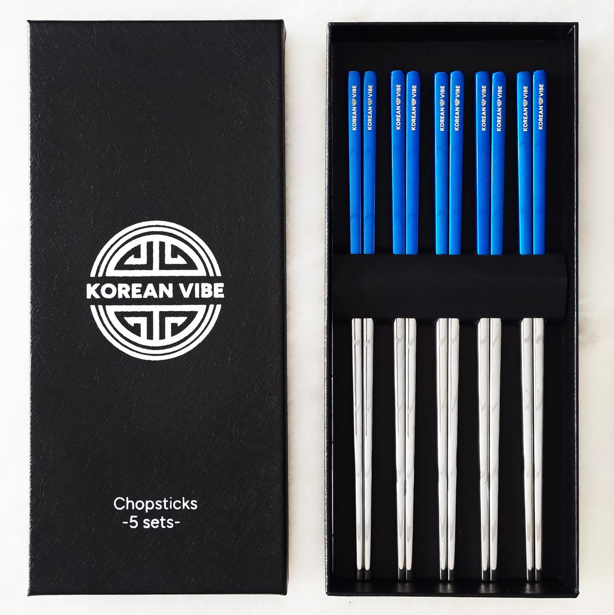KoreanVibe Chopsticks Set - Eetstokjes - Vaatwasserbestendig - RVS - 5Paar - Zilver/Blauw