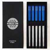 KoreanVibe Chopsticks Set - Eetstokjes - Vaatwasserbestendig - RVS - 5Paar - Zilver/Blauw