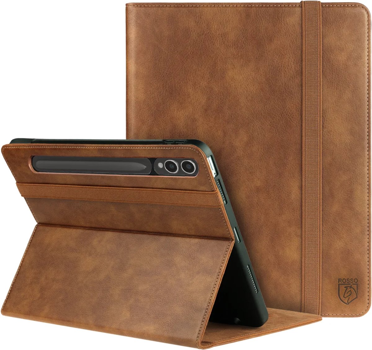 Rosso Element Book Case Hoes Geschikt voor Samsung Galaxy Tab S9 Plus | Volledige bescherming | Elastische band | Sleep/Wake functie | Met Penhouder | Verstelbare standaard | Bruin