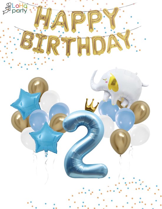 Loha-party®Folie ballon cijfer 2-De 2e verjaardag ballonnen set-De tweede verjaardag-slinger-Olifant-Goud kroon-Blauw cijfer 2-XXL cijfer 2 Ballon-Jongen-Gouden ster-Verjaardag decoratie-Versiering ballonnen-Cijfer balloon met kroon
