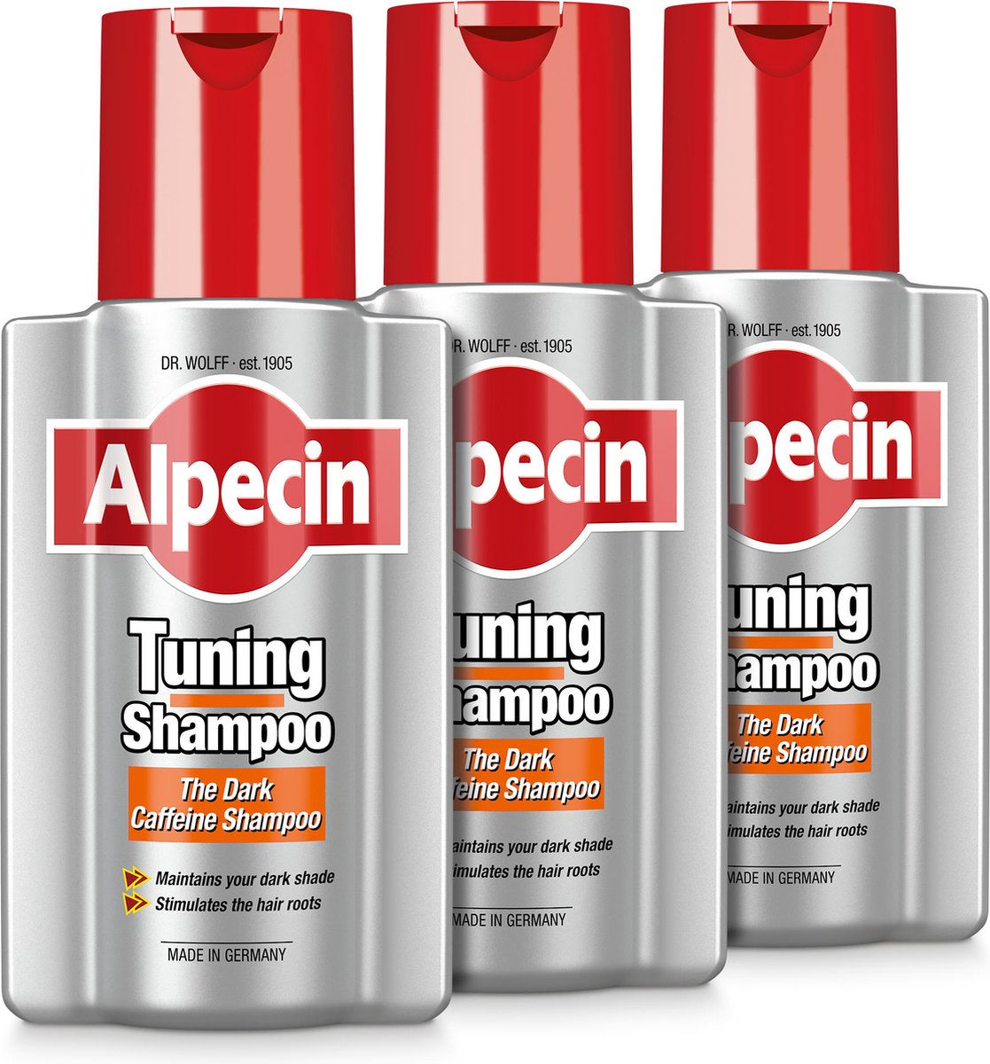 Alpecin Tuning Shampoo 3x 200ml | Behoudt Natuurlijke Haarkleur en Ondersteunt Haargroei | Donkere Cafeïne Shampoo om Grijze Haren