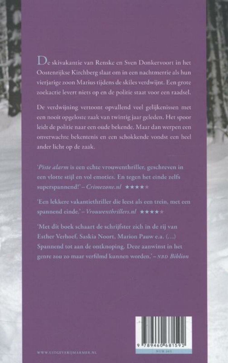 Achterkant boek Piste Alarm. Bevat recensies en barcode.