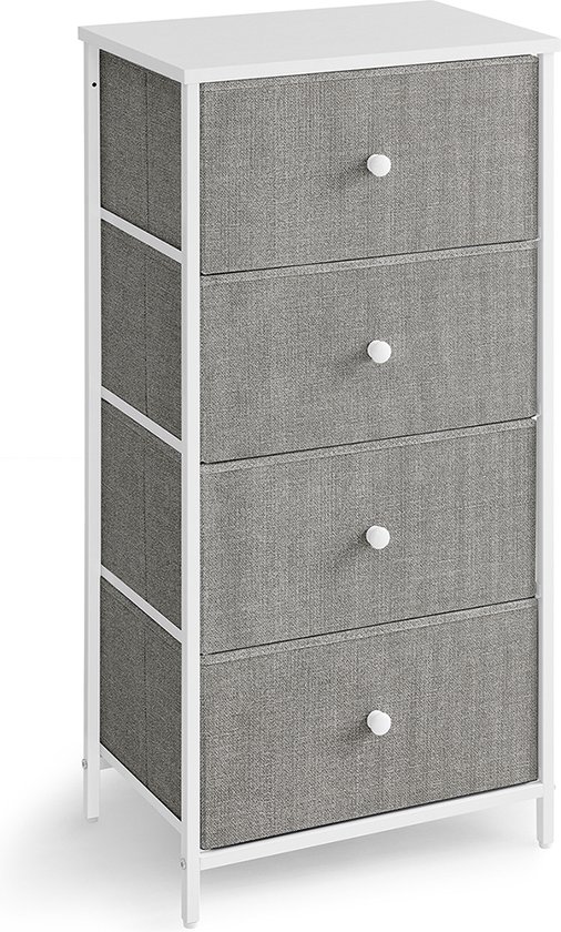 Commode Signature Home - Commode avec 4 tiroirs en tissu - Armoire Design industriel - Structure en métal - Chambre, Couloir - gris clair et blanc