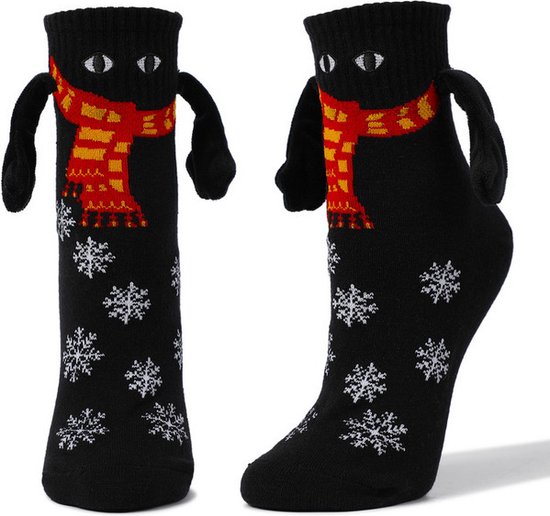 Chaussettes de Noël avec mains magnétiques - Zwart avec yeux, écharpe et flocons de neige - Chaussettes de Noël Femme/ Enfants taille 35-41
