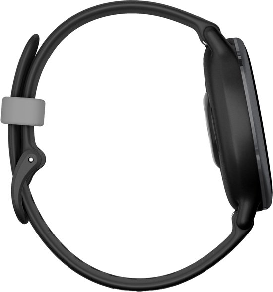Zijkant van een zwart Garmin sporthorloge met grijze bandhouder.