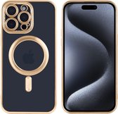 Hoesje Geschikt voor iPhone 15 Pro met magnetisch ring - Lens beschermer – backcover – Transparant / Goud