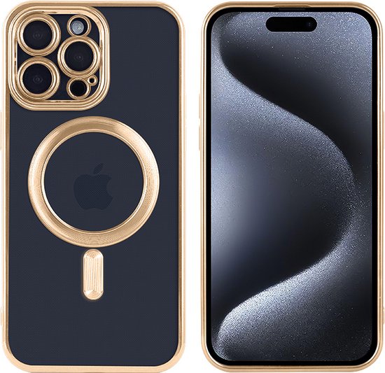 Hoesje Geschikt voor iPhone 15 Pro met magnetisch ring - Lens beschermer – backcover – Transparant / Goud